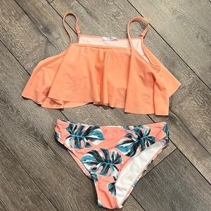 Peach Ruffle Bikini Set with Leaf Print